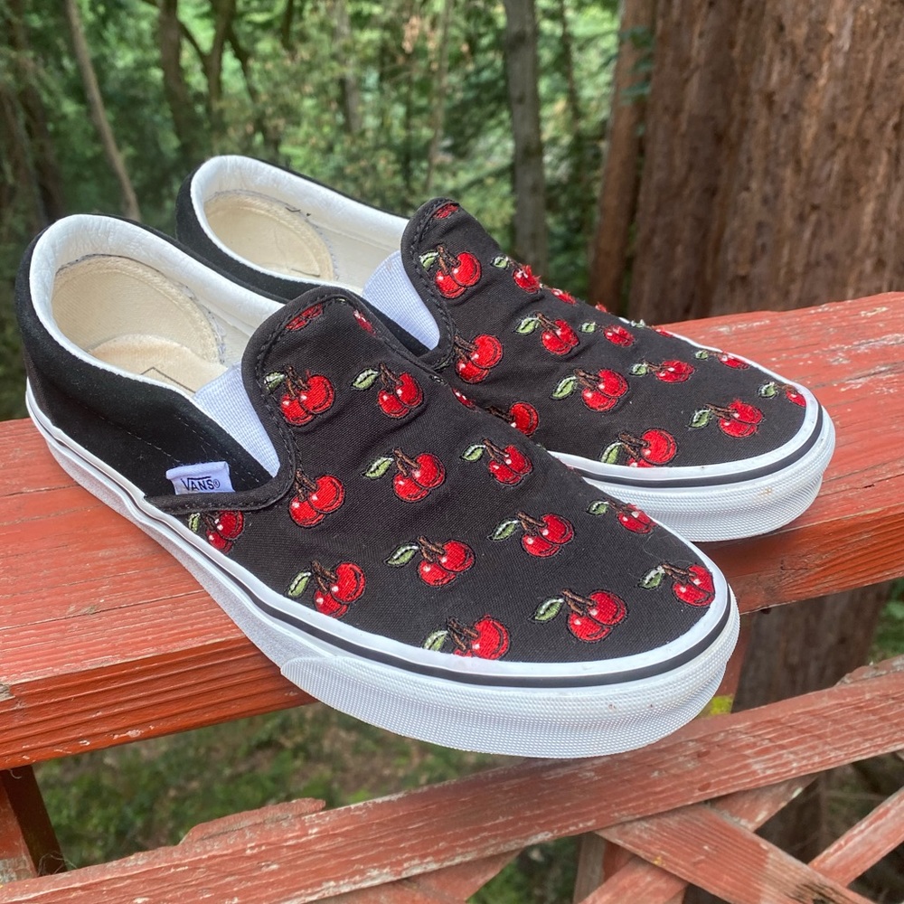 Vans Cherries Black and White Slip-Ons